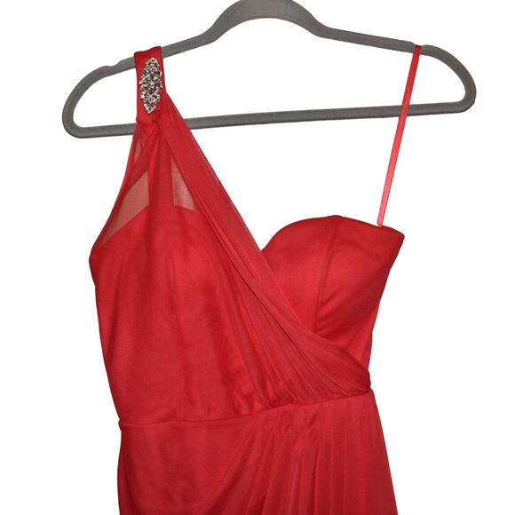 CACHE $148 Brooch Strap One Shoulder Mesh Cocktail‎ Dress Red Size 6 - Picture 3 of 5